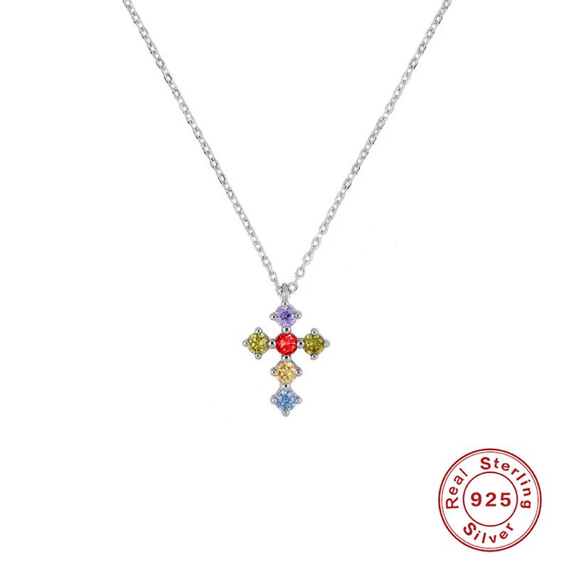 

Other GS 925 Sterling Silver Colorful Crystal Cross Pendant Necklaces For Women Cubic Zirconia Jeweled Dangling Necklace Gift