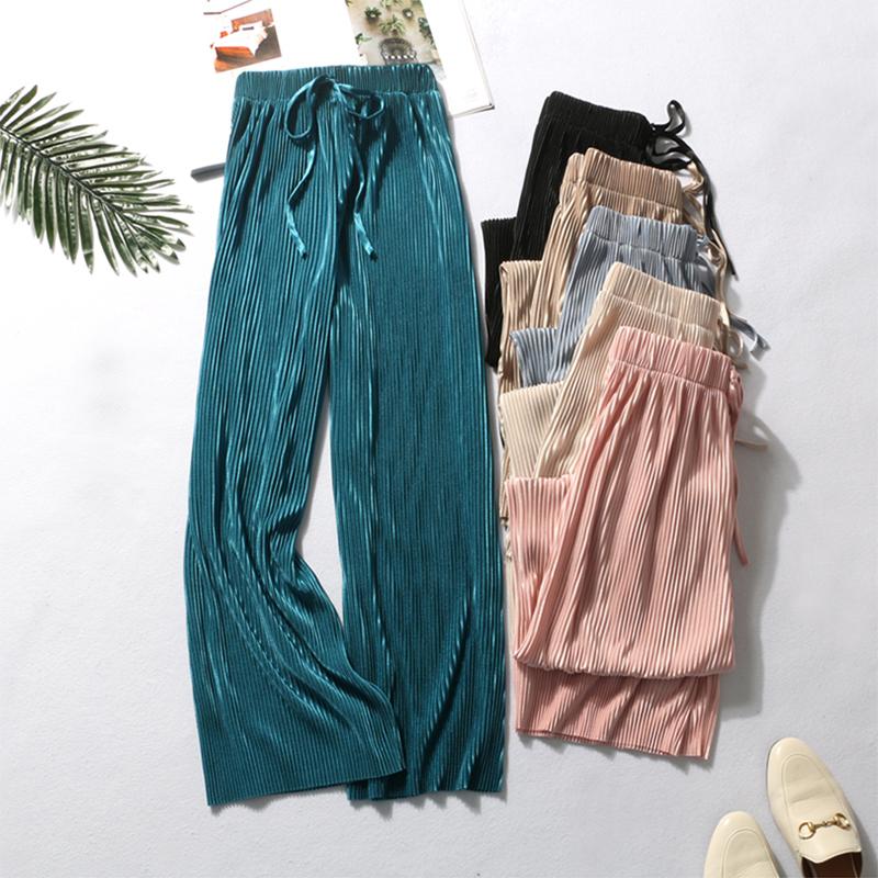 

Summer Wide Leg Pants For Women Casual Elastic High Waist 2021 New Fashion Loose Long Pants Pleated Pant Trousers Femme, Beige