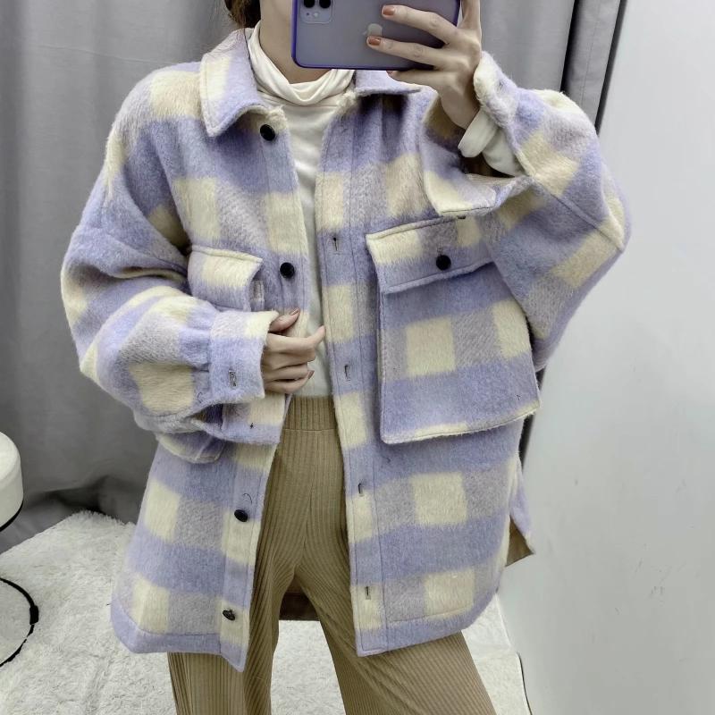 

Plaid Coat Women Autumn Winter Worm KALENMOS Loose Jackets Basic Casual Korea Harajuku Work Streetwear Abrigos Mujer Invierno, Purple