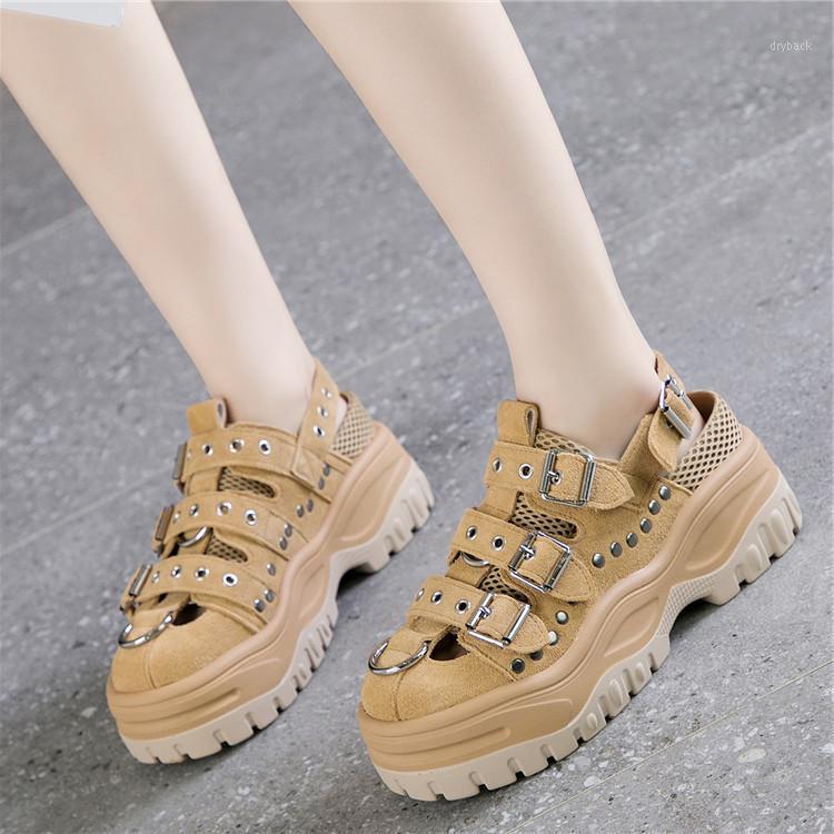 

Genuine leather summer sandals women's thick soles ins cake net red same style super hot daddy shoes rivet head Roman1, Black