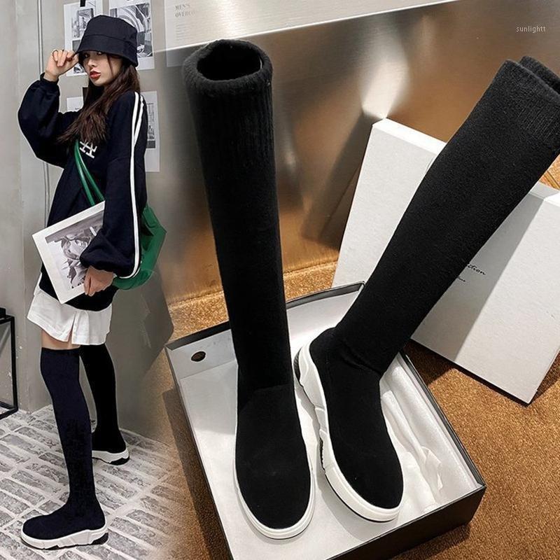 

LEOSOXS Women Boots Autumn/Winter Over-the-Knee Boots Knit Elastic Sneakers Sock Platform Flat Female Slip-On Shoes 20201, Gray short
