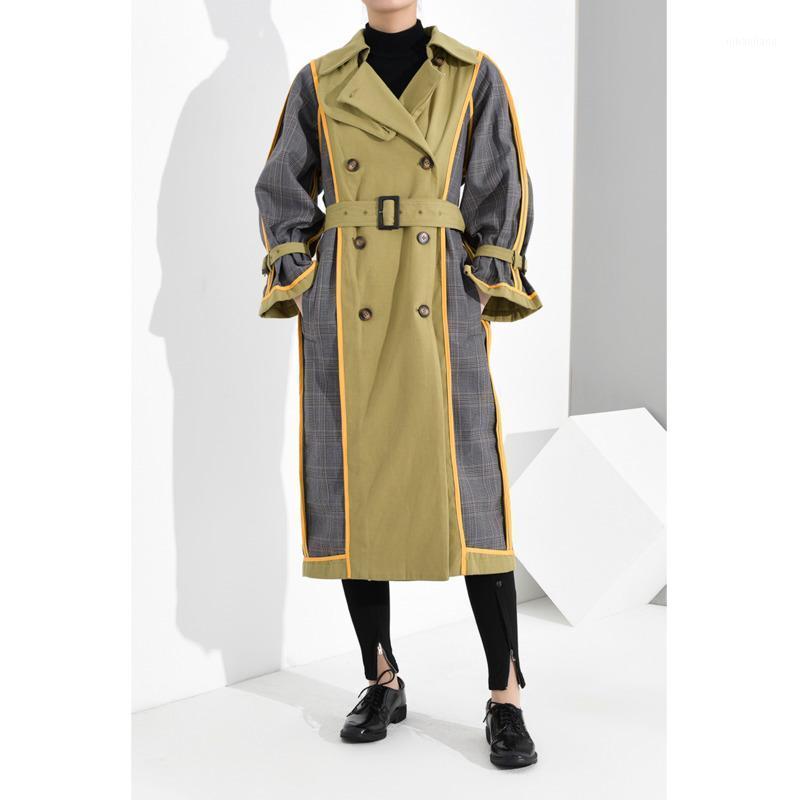 

WKOUD EAM Women Turn Down Collar Leisure Full Sleeve Patchwork Wide Trench Coat Outwear Double Face Loose 2020 New 19F-a681, Khaki