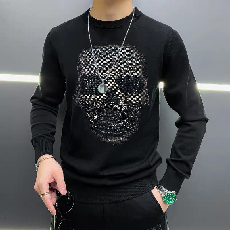 

Brand Design Hot Diamond Skull Winter Men's Round Neck Sweater Knitted Long-Sleeved Warm And Thick Comfortable Pullover New, As shown asian size