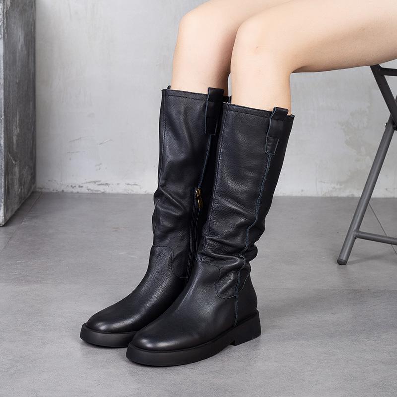 

YourSeason Winter Long Ladies Boots Genuine Leather Zip Round Toe Flat With Sewing Handmade Platform Women Shoes New 2020, Black