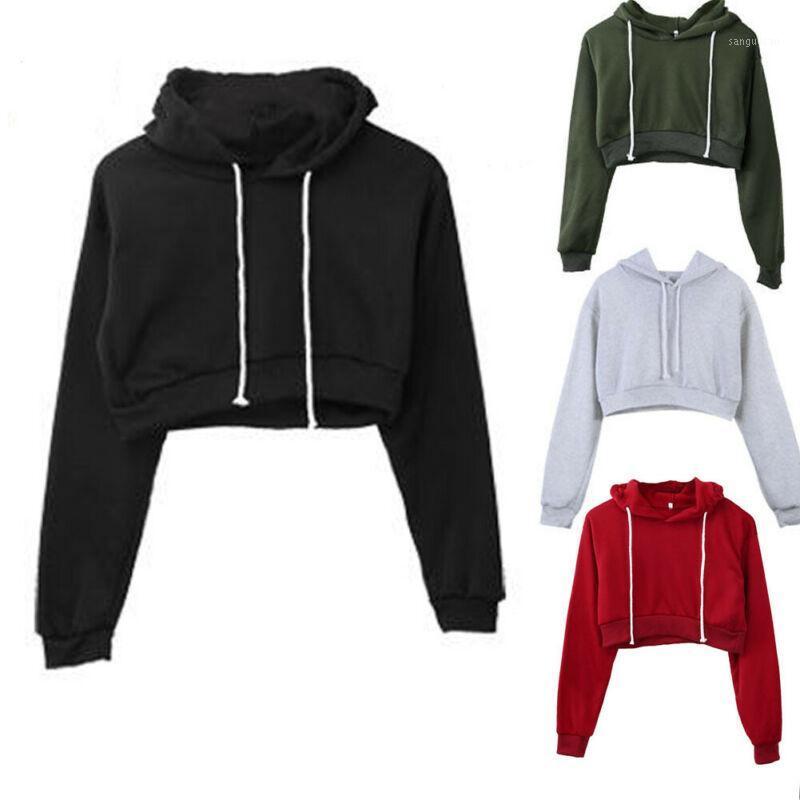 

2020 new style Women Girls Plain Hangover Crop Top Hooded Full Hoodie Sweatshirt Long Sleeve Sports Wear1, Black