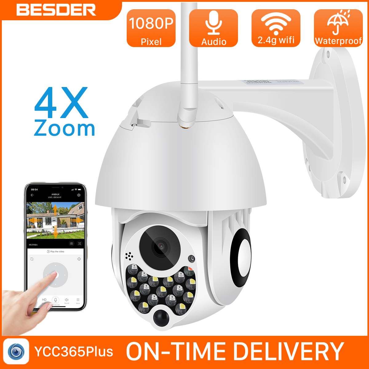 

BESDER Dual-Light Wireless 1080p PTZ Camera Outdoor IP66 Waterproof Two-way Audio WIFI 2MP CCTV Security Camera ONVIF YCC365