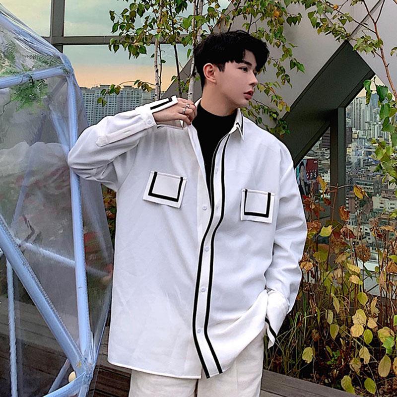 

New Male Japan Korea Harajuku Streetwear Vintage Fashion Shirt Men Black Splice Side Long Sleeve Casual Shirt, C63
