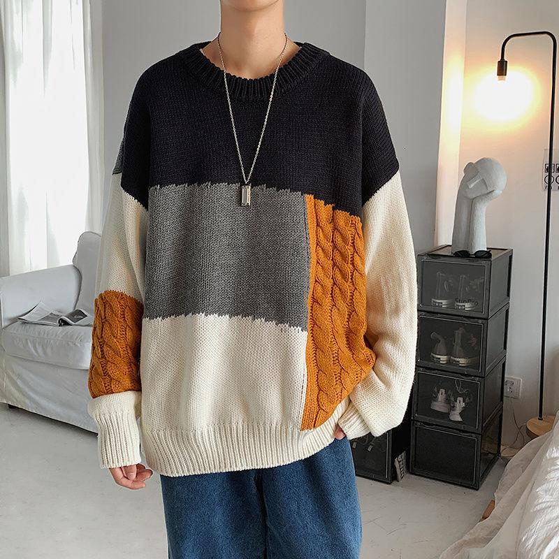 

2020 Winter Men's Splicing Long Sleeve Cashmere Sweaters Clothes Coats Thick Fashion Loose Wool Pullover Homme Knitting -2XL, Picture color