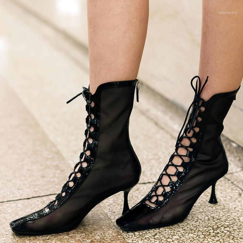 

2020 Autumn Hollow Breathable Roman Sandal Boots Thin Heeled Tube Mesh High-Heeled Sandals Tie Mesh Boots1, Nude