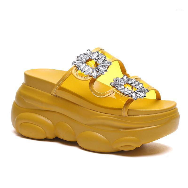 

Chunky Women Platform Slippers PVC Jelly Shoes Woman 9cm High Wedges Luxury Designers Crystal Flip Flops Ladies Casual Slides1, Black