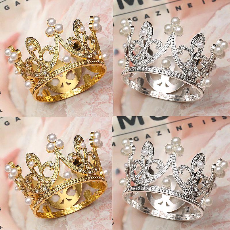 

Shiny Pearl Crown Inlaid Diamond Cake Topper Decoration for Birthday Party Weeding Decorations Supplies Gold Silver Metal Crowns