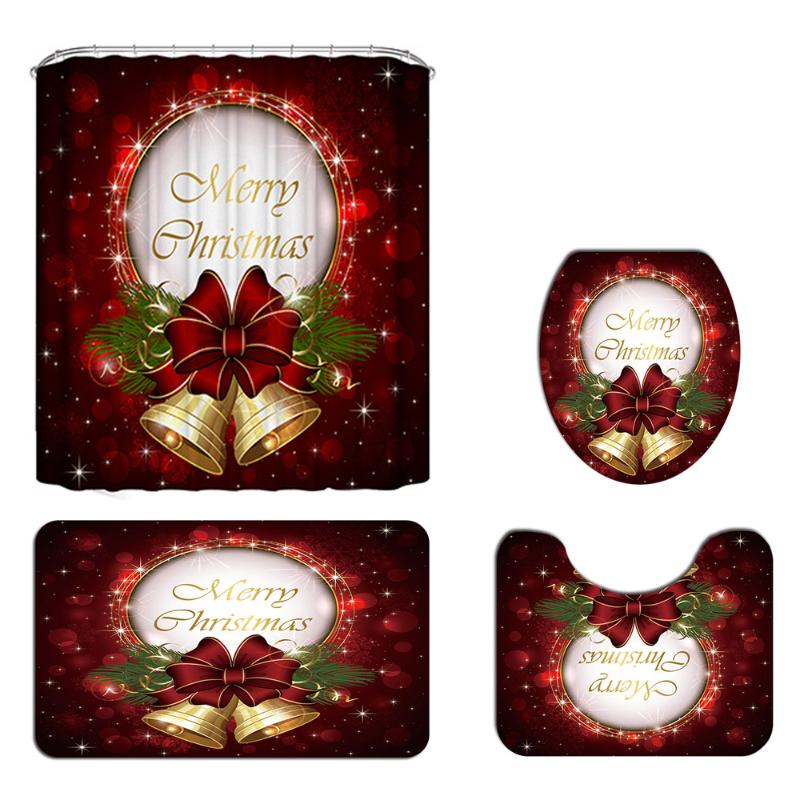 

Christmas Printed Shower Curtain Carpet Floor Mat Combination Bathroom Toilet Mat Bathroom Curtain Set Supplies