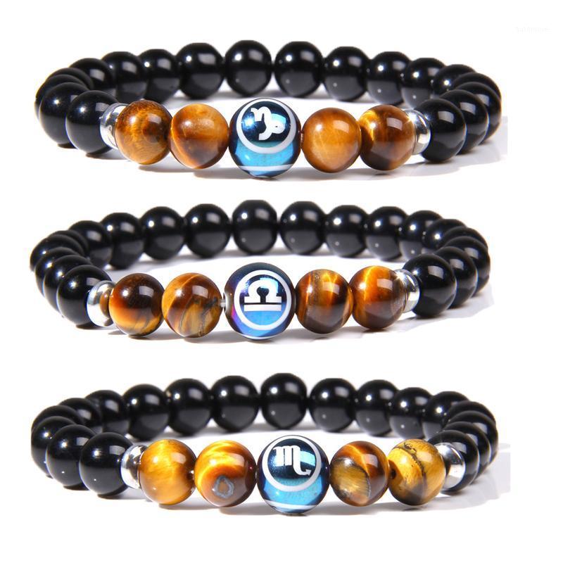 

12 Zodiac Bracelet Natural Tiger Eye Stone Couples Lovers Friendship Charm Bracelets Men Women Buddha Yoga Jewelry Elasticity1