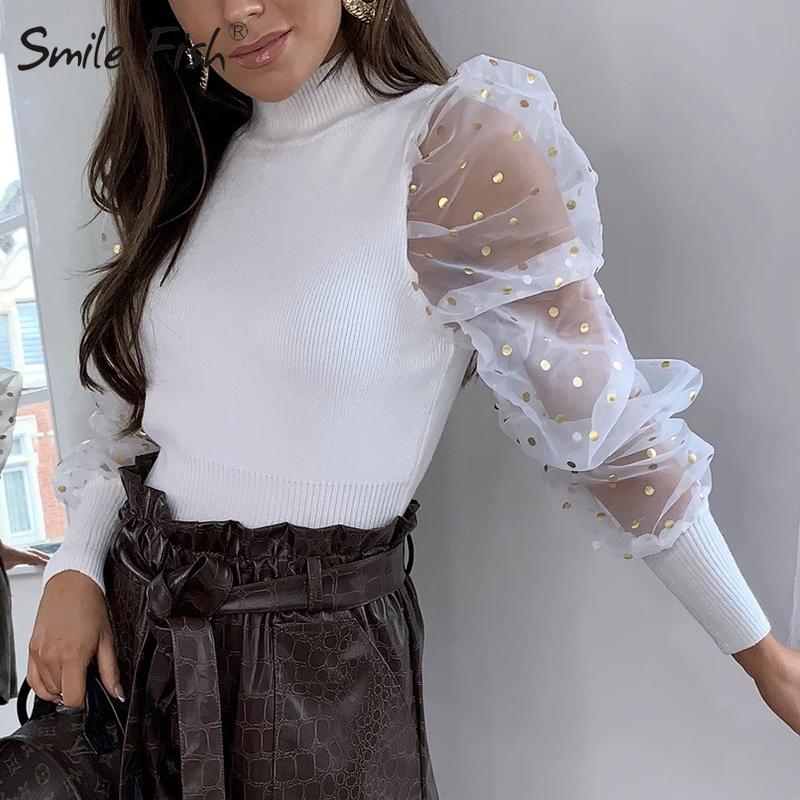 

Spring Women Blouse Dot Mesh Puff Long Sleeve Shirts Slim Solid Knit Ribbed Female Short Crop Tops Turtleneck Streetwear G1191, Black