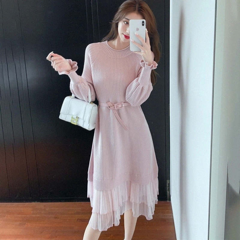 

JXMYY autumn/winter new fashion round neck knitted dress French super fairy was thin wild mesh mid-length dress #mg2L, Black;gray