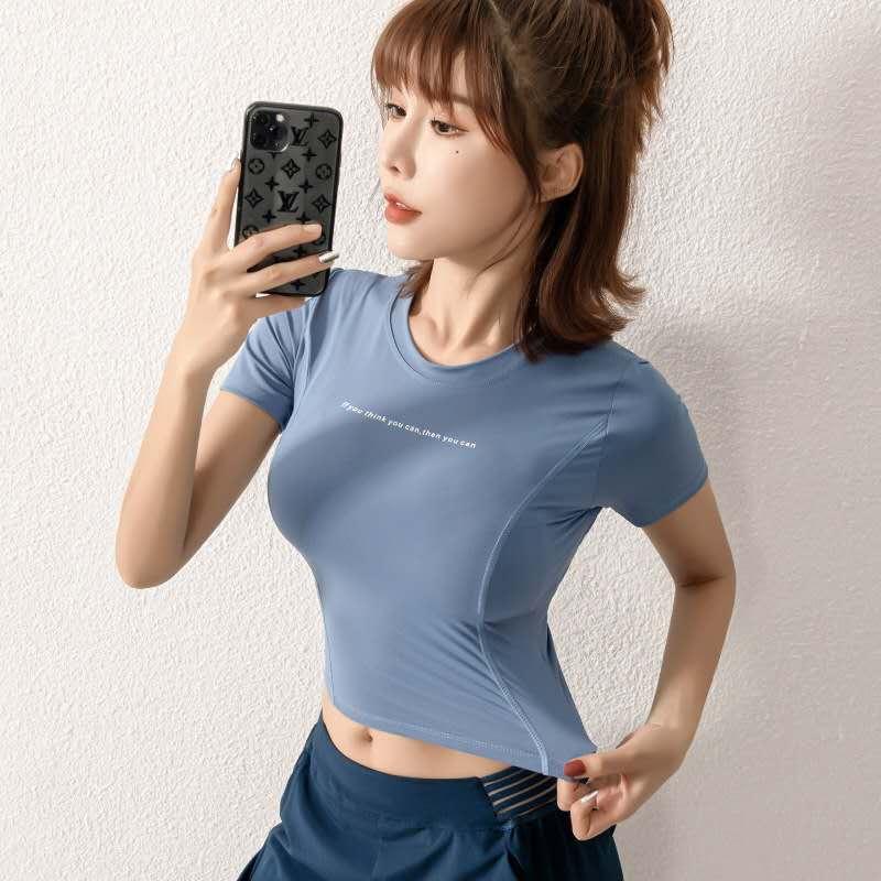 

Yoga Top Seamless Yoga Shirt Letter Short Sleeve Crop Top Quick Dry Women Slim Sport Shirt Solid Gym Women Gym T-shirt, Blue