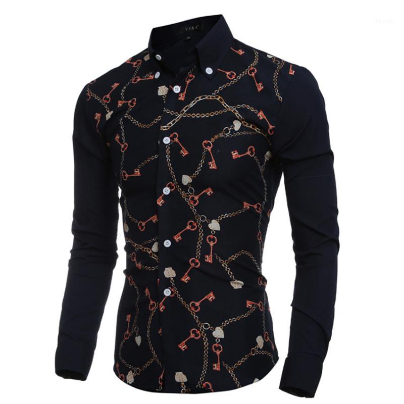 

Men's Casual Shirts Wholesale- 2021 Spring Autumn Fashion Key Pattern Print Brand Men Shirt Slim Fit Design Long Sleeve Cotton Shirts1, Navy