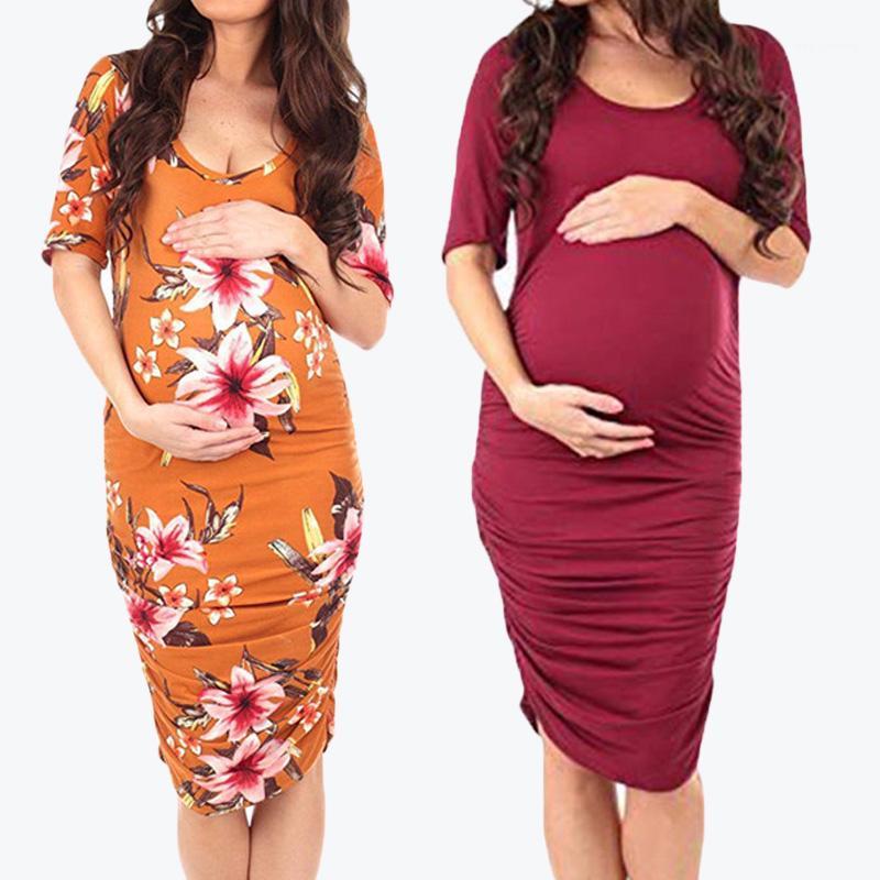 

2020 summer Women clothes 2pcs sets Printed short-sleeved round neck maternity dresses Fashion Dress for pregnant women Q07071, Black