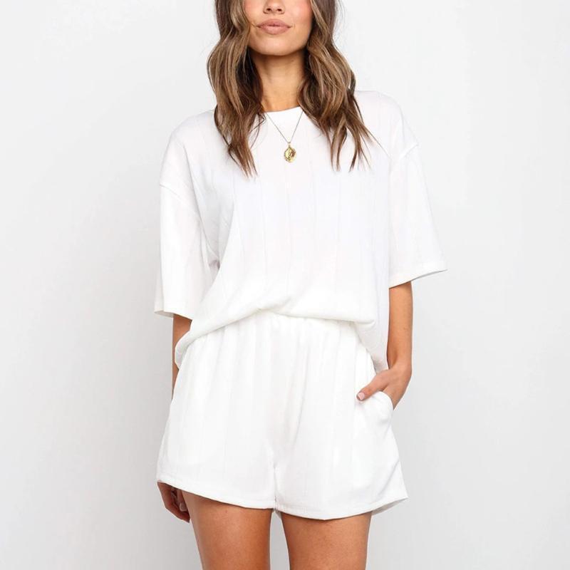 

Women' Casual Sports Suit Round Neck Short Sleeve Solid Color Tshirts And Shorts Elastic Band Tracksuit Women Sportwear1, White