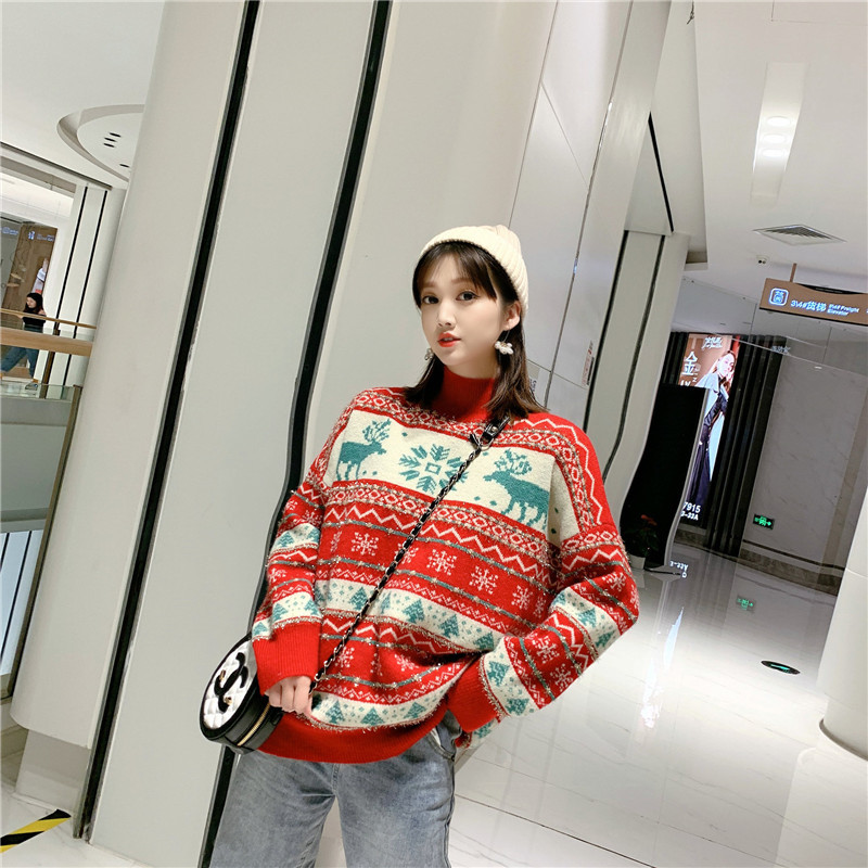 

2021 Red Christmas Sweaters for Woman Elk Turtleneck Released Jumpers New Autumn Oversized Fashion Pullover Luxrex Outerwear XGJ4