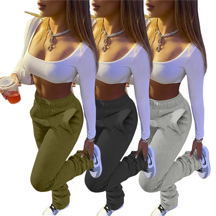 Fleece Stacked Pants Womens Solid Color Flare Casual Trousers Autumn Winter Fashion Women Stacked Sweatpants