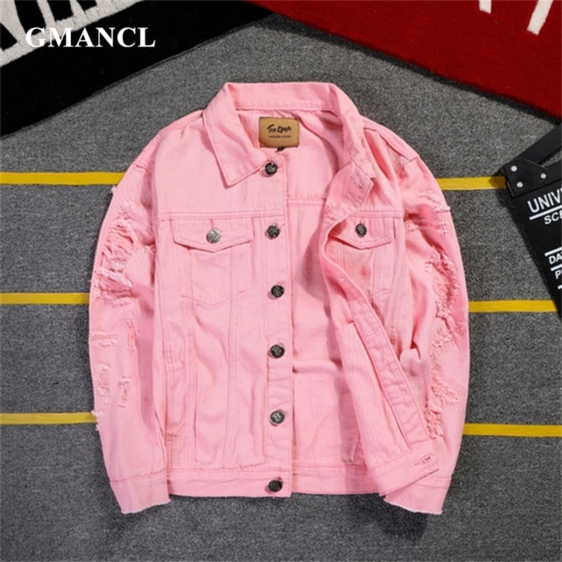 

New 5XL 4XL Pink Ripped Denim Jackets Men/Women Hip Hop Holes Casual Fashion Distressed Streetwear Solid Male Jeans Jacket 201118, B051 pink