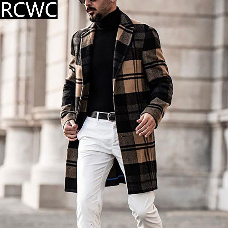 

Men' Wool & Blends Woolen Coat Jacket Autumn 2021 Lapel Casual Plaid Single-Breasted Warm Double-Sided Mid-Length Windbreaker, Khaki