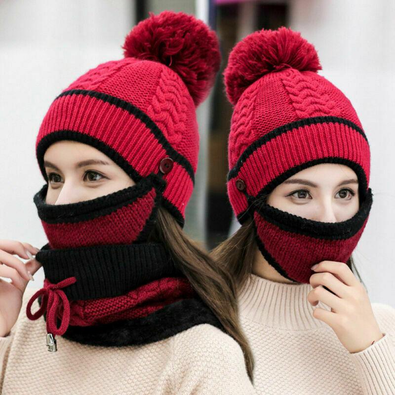 

Women Knitted Beanie Scarf Hat Face Mask Set Snood Neck Winter Pompom Cap Thicken LL@17