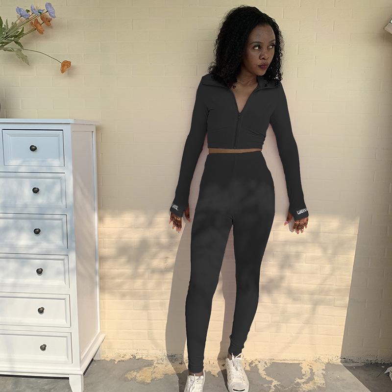 

Women' Sports 2 Pcs Set Stand-Up Collar Zipper Cardigan Top High Waist Leggings Embroidery Outfits Fitness Gym Sportswear 2021, Black
