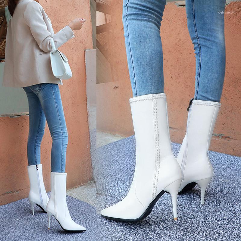 

Women Ladies Autumn Winter Boots Fashion Pointed Toe Thin Stiletto Heel Single Shoes woman Mid-calf Zipper Boots botas mujer1, Black