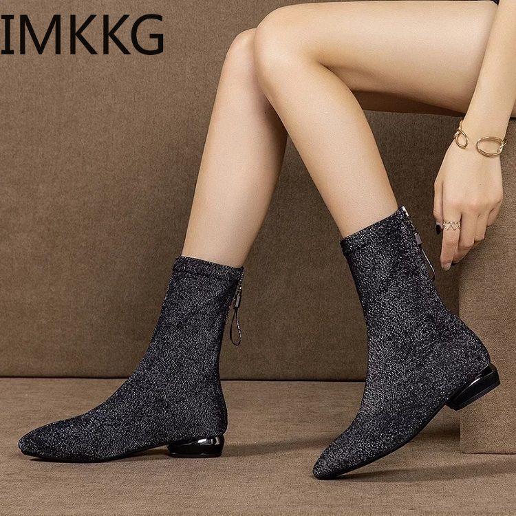 

2020 Autumn new pointed low heel slimming ankle boot women's boot plus velvet warmth versatile stockings boots, Black