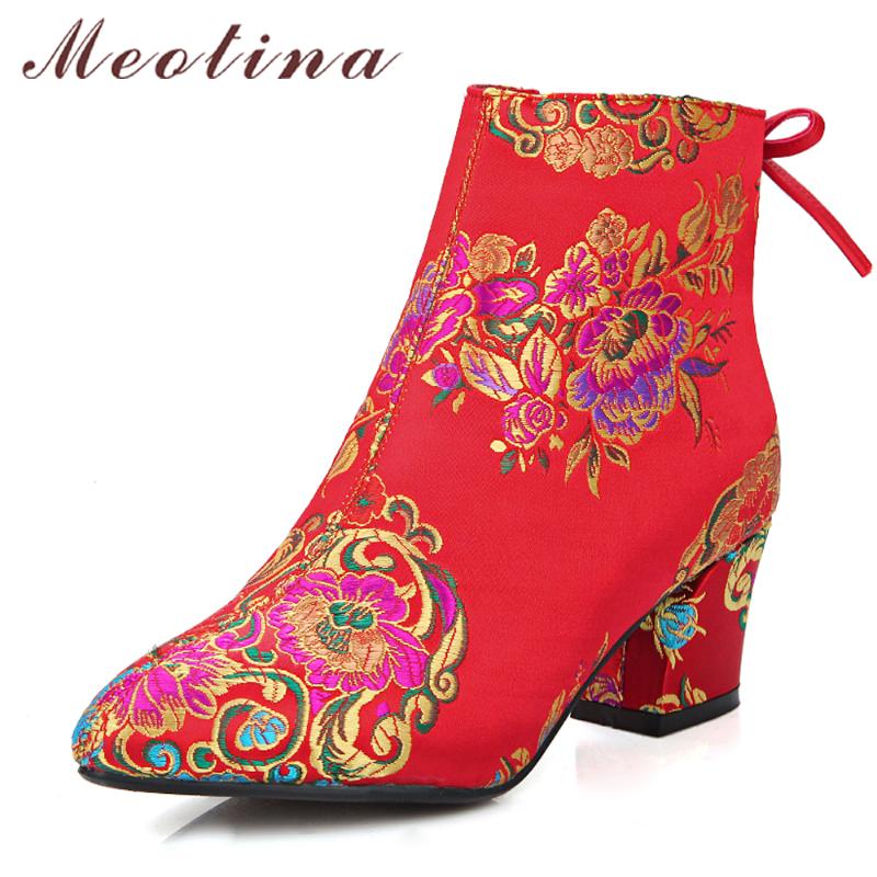 

Meotina Women Ankle Boots Chunky Heels Embroider Boots 2020 Autumn Bow High Heel Winter Bridal Shoes Large Size 33-43 Red, Red high heels