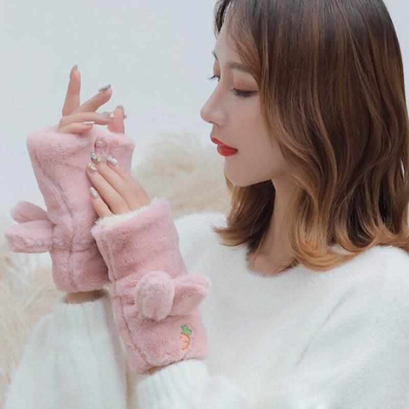 

Five Fingers Gloves Autumn And Winter Ears Embroidered Radish Cartoon Student Plus Velvet Thickening Ladies Half Finger E64