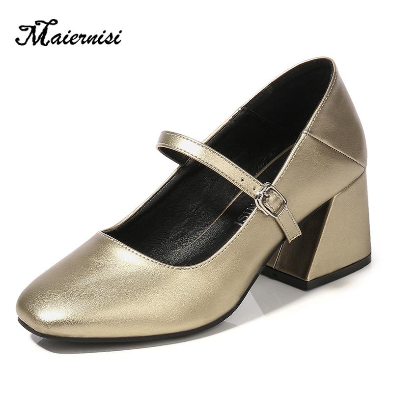 

MAIERNISI Plus Size 36-46 Leather Woman Pumps 6cm Thick Heel Shoes High-heeled Shoes Female Daily Princess Skirt Stilettos, Brown