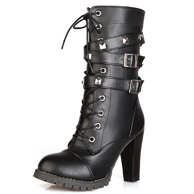 

SaraIris Motorcycle Ankle Boots Western Rivets Women Boots Shoes Woman Autumn Winter High Heel Women 33-48, Black