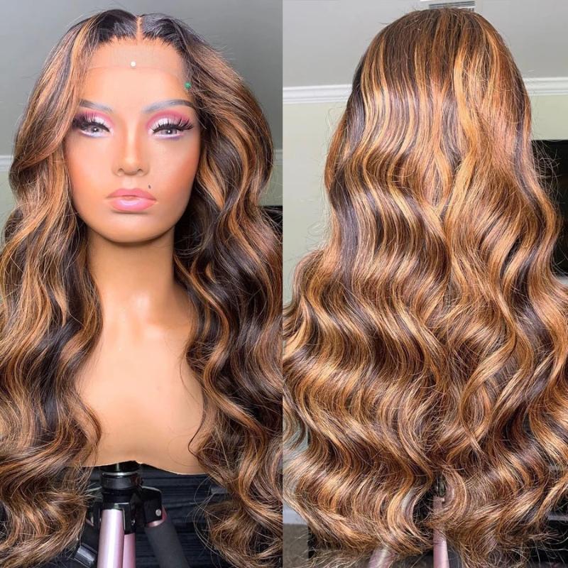 

Highlight Peruvian Remy Body Wavy 13X4 Lace Front Human Hair Wig with Baby Hair For Black Women Ombre 150Density Bleached Knots, 13x4 lace front wig