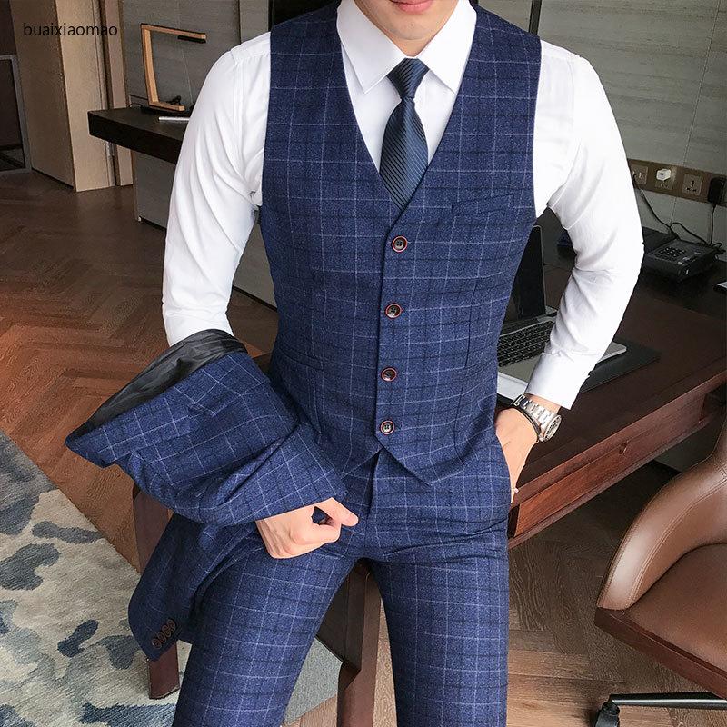 

Luxury men's check vest suit trousers 2021 men's formal wear wedding dress large size casual business suit vest trousers, 61 navy blue vest