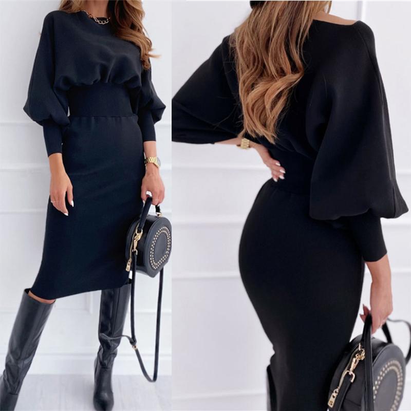 

Casual Dresses Elegance Trendy Women Long Sleeve Fall Dress 2022 Streetwear Pullover Slim Sexy Lantern Pencil Vestido De Mujer, Black;gray