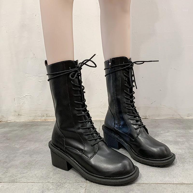 

Women shoes winter Riding warm Boots Square heel woman pumps Female PU Leather Lace Up high heel boots female 2021 Botas Mujer1, Black