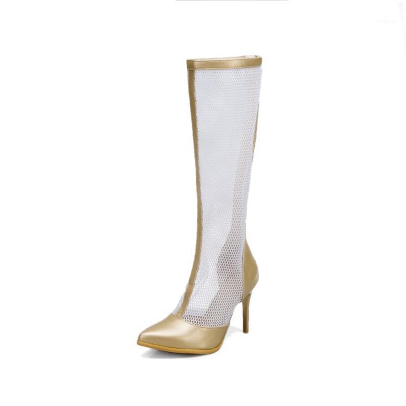 

Large Size 33-50 Women Net Boots Botas Mujer Women for Spring Summer Knee High Boots Party Shoes Woman zipper high heels T6181, Gold