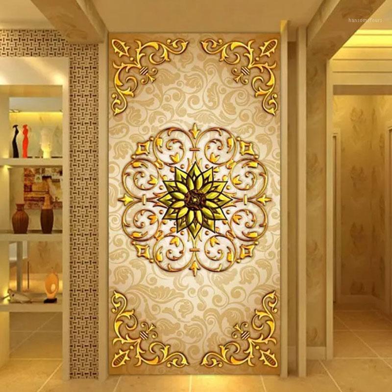 

Custom 3D Mural Wallpaper Modern Art Carving Golden Flower Pattern Wall Painting Living Room Entrance Hall Background Home Decor1, As pic