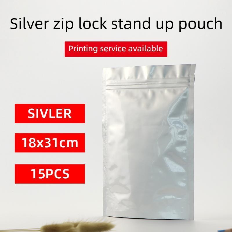 

18x31cm 15pcs stand up pouch with zipper silver aluminum foil bag resealable coffee packaging bag1