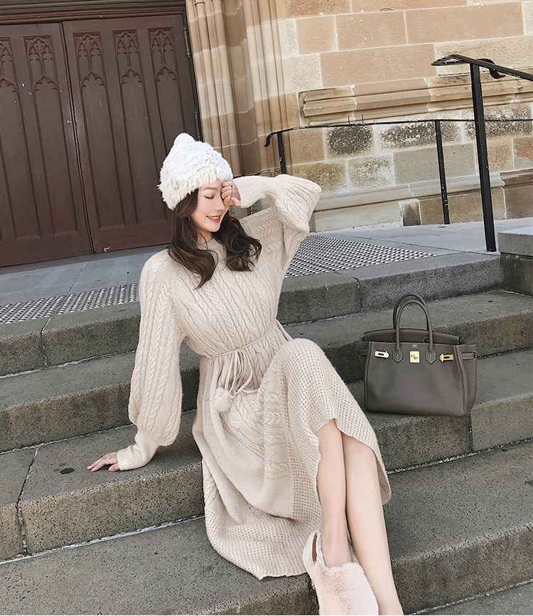 

2021 New A-line Women Knitted Sweater Elegant Long Sleeve Sash Belt Winter O-neck Solid Female Midi 4z94, Beige