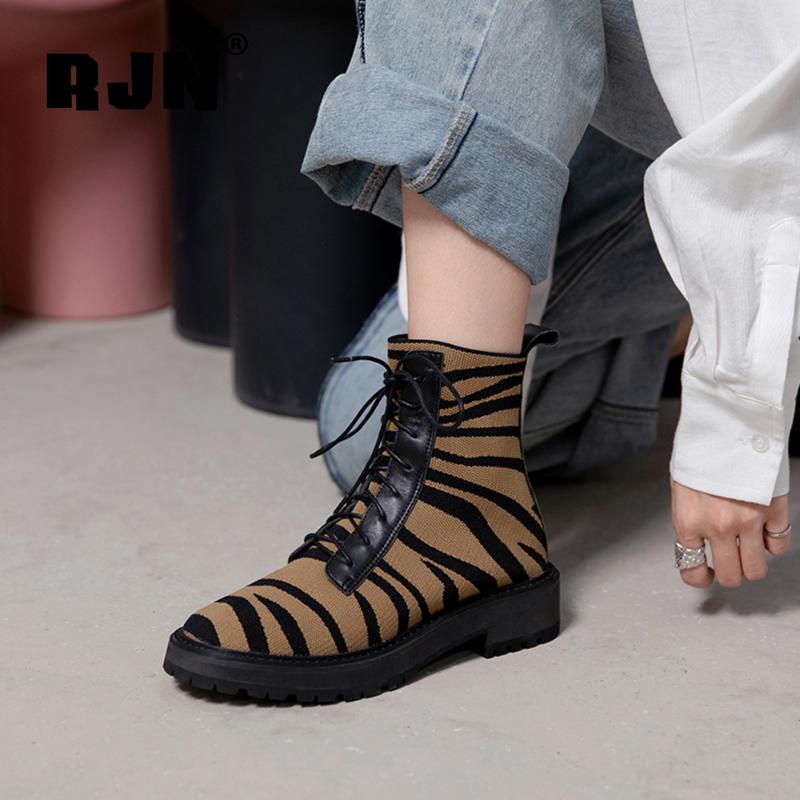 

Winter Casual Ankle Boots Woman Striped Pattern Lace Up Genuine Leather Slim Tight Flat Sock Tube Lady Shoe RO500, Black