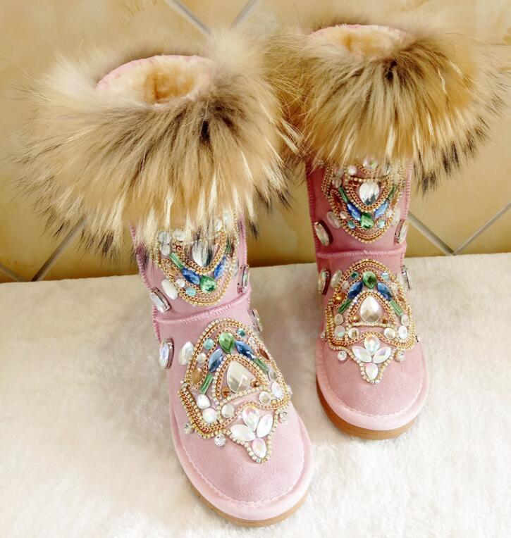

2020 Station Sewing Rabbit Hair Strass Snowboots Boots Precious Winter Shoes Thick Crust Bb7w