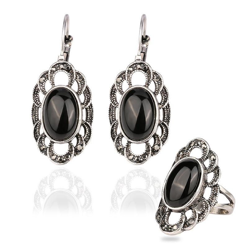 

New Vintage Antique Silver Plated Oval Flower Bead Black Rings And Earrings Jewelry Sets Wedding/Party Gifts, As pic