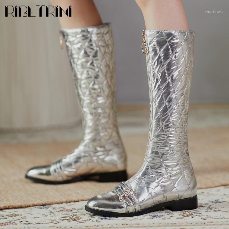 

RIBETRINI Genuine Leather Ladies Zipper Buckle Silver Shoes Brand Women Boots Low Heel Casual Design New Winter Boots1, Black