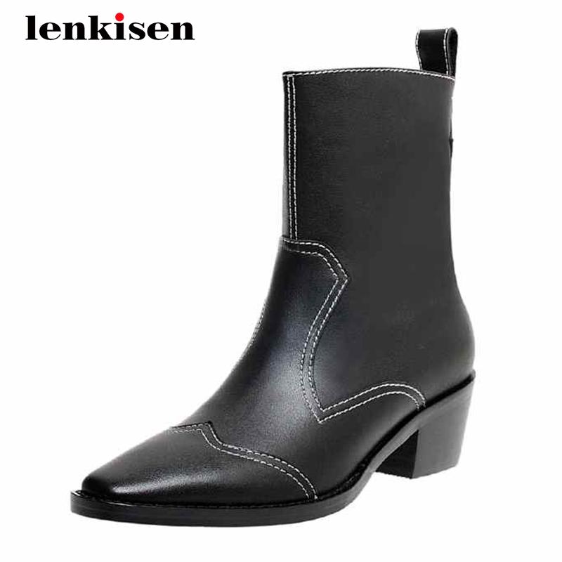 

Lenkisen western boots real cow leather hot saling brand square toe thick high heel zipper pretty girls modern ankle boots L25, Black