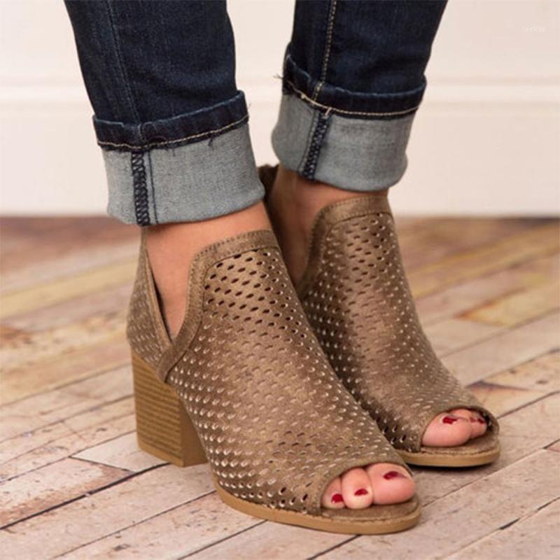 

2019 Women Boots Low Heel Peep Toe Shoes Hollow Ankle Thick Heel Roman Chic Mulheres de Sapatos De Salto Ladies Boots1, Brown