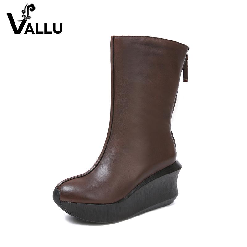 

Half Wedge Boots Women Shoes 2020 Autumn Handmade Ladies Boots Natural Leather Vintage Round Toe Soft Women's Heel Shoes, Coffee